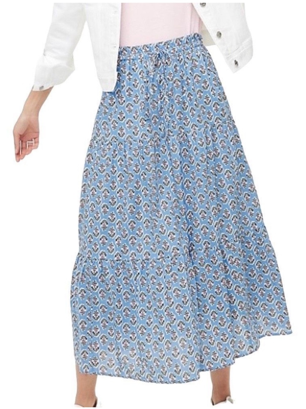 J. Crew Tiered Maxi Skirt Block Print Floral 100% Cotton Cottagecore Blue 3X - Picture 2 of 11